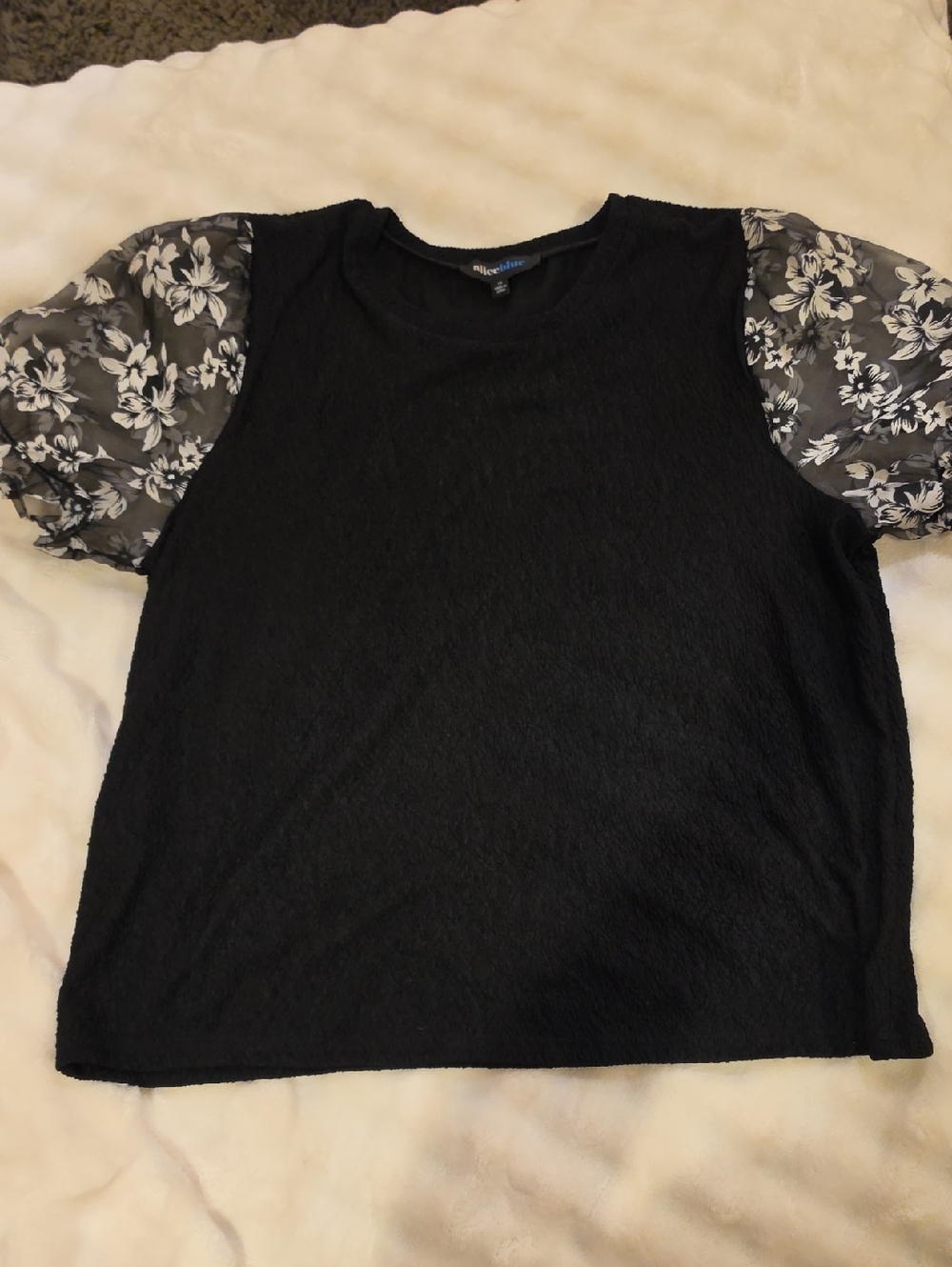 Alice Blue Black Top with Sheer Floral Puff Sleeves